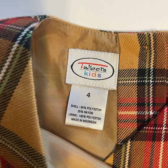 Talbots Kids Classic Plaid Dress Girl's Size 4 Camel Burgundy Pleated Faux Wrap - Picture 4 of 6